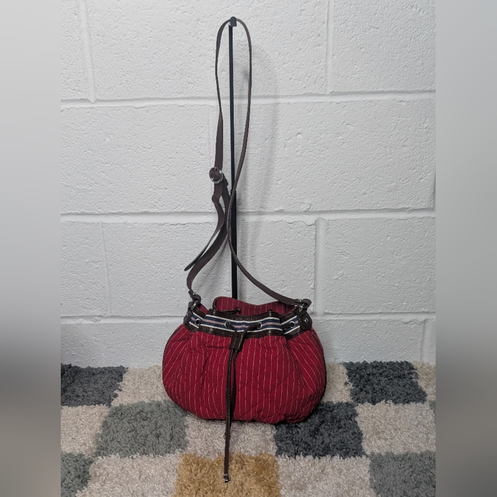 Vera Bradley Drawstring Hobo Bucket Crossbody Red w/ White Stripe Leather Straps